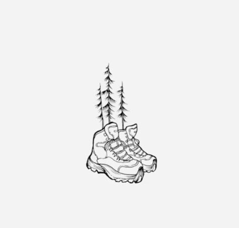 Cute Adventure Tattoos, Hiking Related Tattoos, Patch Work Nature Tattoos, Walking Boots Tattoo, Simple Camping Tattoo For Women, Matching Hiking Tattoo, Small Colorado Tattoo Ideas, Backpacking Tattoos For Women, Adventure Tatoos Ideas