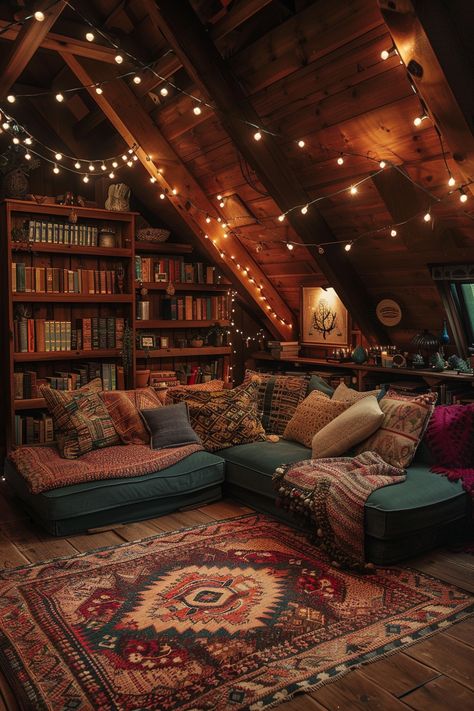 Cozy Common Room, Cabin Living Aesthetic, Book Home Aesthetic, Cozy Home Reading Space, Warm Vibes Aesthetic, Cosy Attic Room, Indoor Fairy Lights Living Room, Cozy Book Nook Aesthetic, Whimsical Library Room