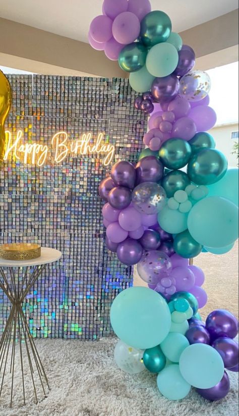 Purple And Teal Balloon Garland, Purple And Turquoise Birthday Party, Turquoise 21st Birthday Ideas, Purple Garland Balloons, Teal And Purple Birthday Party Ideas, Lavender And Teal Birthday Party Ideas, Blue And Purple Balloon Arch, Blue And Purple Birthday Theme, Teal Party Decorations