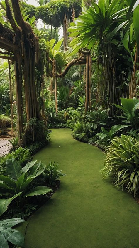 Tropical Jungle Garden, Rainforest Backyard, Jungle House Architecture, Small Jungle Garden Ideas, Jungle Garden Ideas, Jungle Backyard, Minecraft Cities, Jungle Camp, Tropical Garden Party