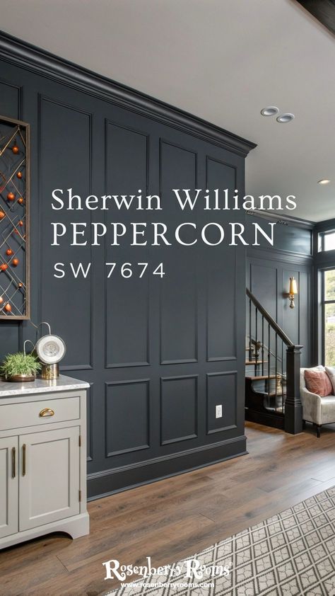 Peppercorn SW 7674 by Sherwin Williams is a deep charcoal gray, perfect for creating bold and dramatic interiors. Ideal for accent walls, cabinetry, or trim in modern spaces. #PeppercornSW7674 #SherwinWilliams #BoldColors #InteriorDesign #DarkGrays Peppercorn Benjamin Moore, Feature Wall Colors Living Room, Sw Peppercorn Dining Room, Inkwell Sherwin Williams Accent Wall, Sw Peppercorn Built Ins, Contrast Trim Interior Sherwin Williams, Black Peppercorn Paint Color, Sw Peppercorn Kitchen Island, Charcoal Gray Paint Sherwin Williams