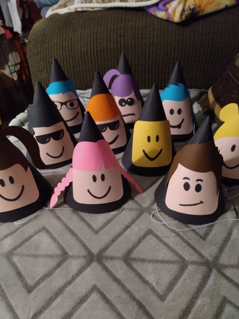 Made my little guy some party hats for his upcoming Roblox birthday party! Roblox Birthday Centerpieces, Adopt Me Roblox Party Ideas, Roblox Party Theme Ideas, Birthday Roblox Party Ideas, Roblocks Birthday Party Ideas, Roblox Birthday Party Favors, Roblox Crafts For Kids, Roblox Diy Party, Roblox Birthday Party Ideas Diy