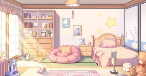 Here Fm Room Backgrounds Kawaii, Pink Bedroom Drawing, Here Fm Room Backgrounds, Aesthetic Bedroom Drawing, Cozy Room Drawing, Anime Room Background, Anime Rooms, Cartoon Bedroom, Vtuber Background