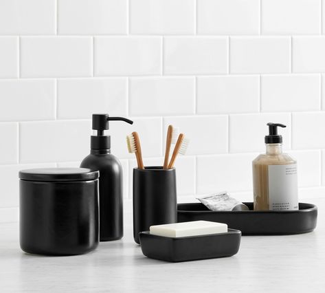 Matte Black Porcelain Bathroom Accessories | Pottery Barn Handle Pottery, Bathroom Cart, Ceramic Accessories, Porcelain Bathroom, Vintage Bathroom Decor, Counter Top Accessories, Small Bathroom Renovation, Ceramic Accessory, Toilet Brushes And Holders