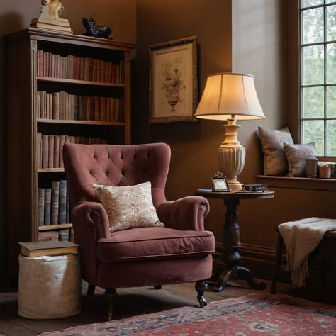 ⚠️LINK IN BIO⚠️ A cozy vintage-style reading corner with a comfortable armchair, antique bookshelf, and a soft, warm rug for an inviting atmosphere. #ReadingCorner #Vintage #Cozy #AntiqueBookshelf #WarmRug Reading Corner Moody, Vintage Reading Corner, Bedroom With Armchair, Light Academia Bedroom, Dakota House, Den Inspiration, Bedroom Armchair, Warm Rug, Bookshelf Vintage