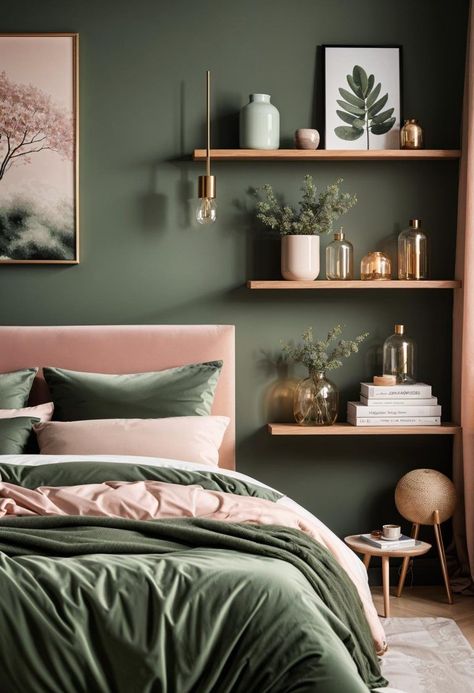 Modern Olive Green Bedroom, Modern Boho Bedroom Wall Decor, Feature Bedroom Wall Ideas, Sage Green Bedroom Ideas Accent Colors, Bedroom Ideas Nightstands, Sage Bedroom Decor, Bedroom Shelves Ideas, Green Walls Bedroom, Sage Bedroom Ideas