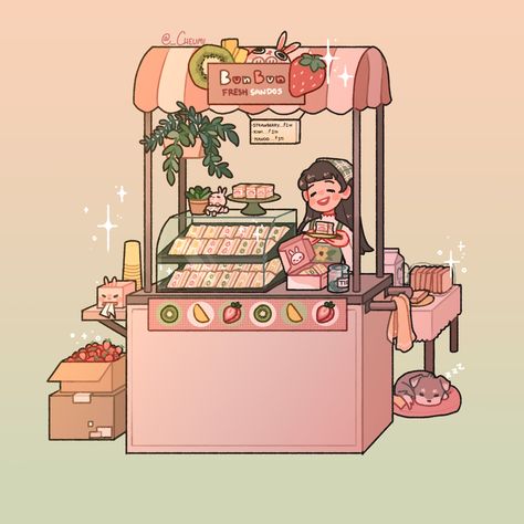 Aesthetic Shop, Cute Cafe, Cute Food Art, Japon Illustration, Artist Alley, Food Cart, Cute Illustrations, Cute Kawaii Drawings, Art Programs