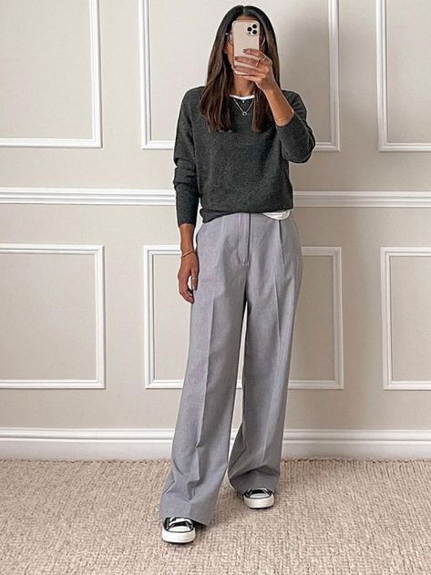 Work Outfit Gray Pants, Light Grey Work Pants Outfits, Grey Trousers Winter Outfit, Grey Work Trousers Outfit, Light Grey Slacks Outfit Women, Light Grey Wide Leg Pants Outfit, Wide Leg Grey Trousers Outfit, Dark Grey Slacks Outfit Women, Grey Business Pants Outfit