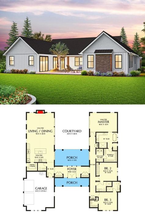 New Build House Ideas One Story, House Plan With Interior Courtyard, Small House Plans With Courtyard, House Plan Layout Design, Home Plan With Courtyard, House Layouts Bungalow, Modern 3 Bedroom House Plans One Story, Medium Sized House Plans, Older House Floor Plans