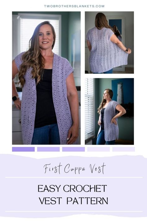 Introducing the First Cuppa Vest, a versatile and stylish crochet pattern designed to be your go-to layering piece for any season. Crafted with lightweight sport (2) weight yarn, this vest pattern offers the perfect blend of comfort and elegance, draping beautifully over your favorite tops. The First Cuppa crochet vest pattern has instructions for 5 sizes, ranging in bust from 34″ to 66″. The vest has approx 4-8″ positive ease. You can view this easy crochcet vest pattern free on my blog. Diy Crochet Vest Pattern Free, Crochet Plus Size Vest Pattern Free, Crochet Vest Pattern Free Woman Simple, Crochet Sleeveless Cardigan Pattern Free, Crocheted Vest Patterns Free, Easy Crochet Vest Pattern Free For Women, Free Crochet Vest Patterns For Women, Crochet Vests Free Patterns, Crochet Vest Pattern Free Boho