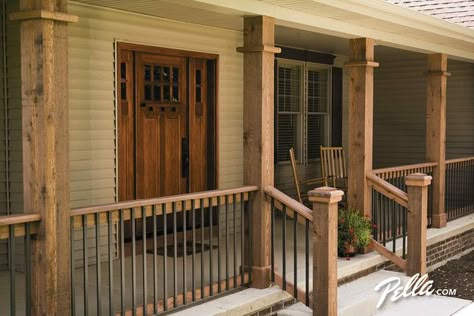 Front Porch Railing Ideas, Wood Entry Door, Porch Rails, Porch Railing Designs, Front Porch Railings, Porch Wood, Traditional Porch, Railing Designs, Porch Remodel