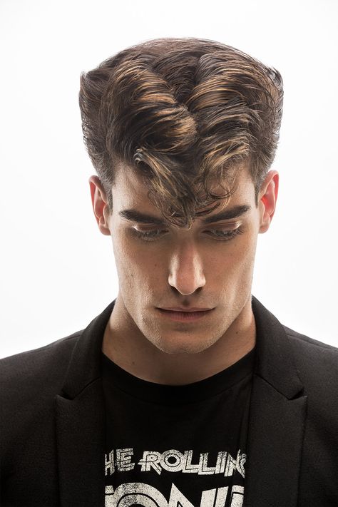 Connor from the #PivotPoint Fundamentals: Barbering collection. 💈 #PivotPointBarbering #HairAndFashion #LearnForward Elephant Trunk Hairstyle, Retro Mens Hairstyles, Motif Soutache, Hair Poses, Modern Pompadour, 1950s Hairstyles, 60s Hair, Couture Hairstyles, Pompadour Hairstyle