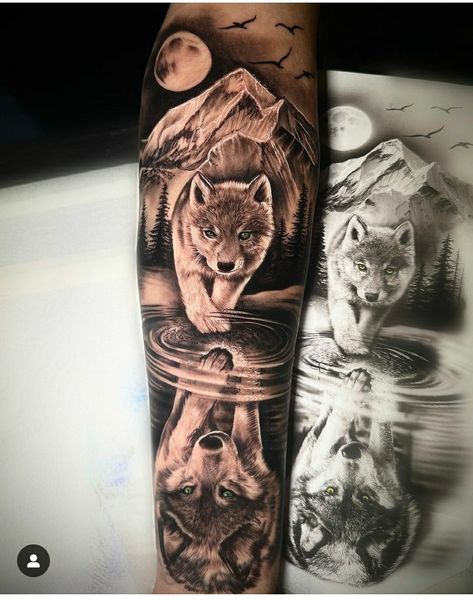 Strength Symbol Tattoo, Half Sleeve Tattoos Wolf, Symbol Tattoo Ideas, Wolf Tattoos For Men, Strength Symbols Tattoo, Reflection Tattoo, Strength Symbol, Husky Tattoo, Wolf Sleeve