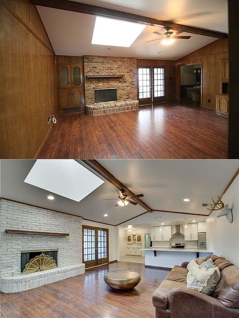 House remodel on a budget! These before and after pictures are amazing and full of DIY ideas. Love this living room! #livingroomremodeling Paneling Makeover, Ranch House Remodel, House Before And After, House Flip, House Flipping, Diy Renovation, Flipping Houses, Lounge Decor, Living Room Remodel