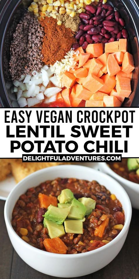 Lentil Sweet Potato, Vegan Slow Cooker Recipes, Potato Chili, Vegan Crockpot, Slow Cooker Lentils, Lentil Chili, Vegetarian Crockpot Recipes, Vegan Slow Cooker, Sweet Potato Chili