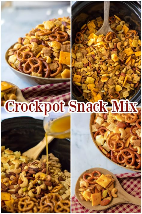 This crockpot snack mix is the perfect mix of savory seasonings, crackers, cereal, pretzels, nuts and more. It is simple to make and is perfect for snacking on during parties, game night, holidays and more. Savory Chex Cereal Recipes, Chex Mix With Cheese Its, Pioneer Woman Snack Mix Recipes, Snack Mix With Sesame Sticks, Crockpot Check Mix Easy Recipes, Healthier Chex Mix Recipes, Chex Mix In Crockpot, Chex Mix Recipes Savory Bold, Holiday Snack Mixes