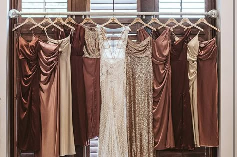 Bronze Bridesmaids Dresses, Champagne Brown Bridesmaid Dresses, Copper Champagne Bridesmaid Dresses, Brown Shades Bridesmaid Dresses, Bronze Bridesmaid, Brown Tones Bridesmaid Dresses, Maid Of Honor In Different Dress, Gold And Bronze Wedding Theme, Neutral Mismatched Bridesmaids