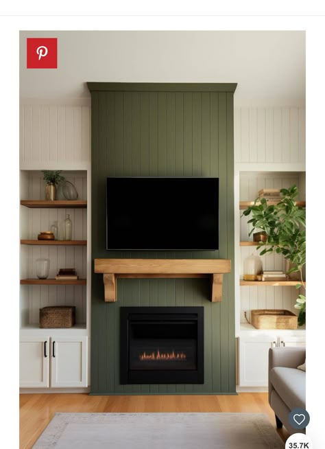 Black Fireplace Green Built Ins, Forest Green Shiplap Wall, Fireplace Ideas Green, Sage Green Media Wall, Green Wall Fireplace, Green Shiplap Wall Living Room, Green Tv Wall Living Room, Fireplace Green Wall, Sage Green Fireplace Wall