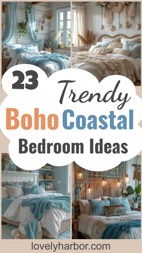 23 Trendy Boho Coastal Bedroom Ideas You Will Love 2 Boho Bedroom Decor Blue, Bohemian Bedroom Decor Blue, Water Inspired Bedroom, Coastal Vibe Bedroom, Serene Master Bedrooms Decor, Coastal Boho Bedroom Ideas, Coastal Master Bedrooms Decor, Beachy Bedroom Ideas Coastal Style, Teen Beach Bedroom