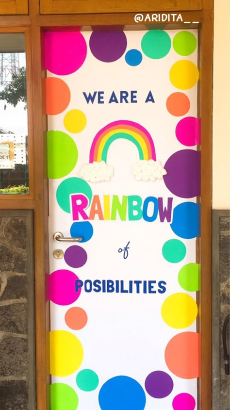 Rainbow Decor For Classroom, Rainbow Wall Display Classroom, Decoration For Doors Classroom, Rainbow Theme Door Decoration, Rainbow Classroom Door Decor, Rainbow Classroom Decor Preschool, Diy Rainbow Decorations Classroom, Special Needs Door Decorations, Rainbow Hallway Decoration School