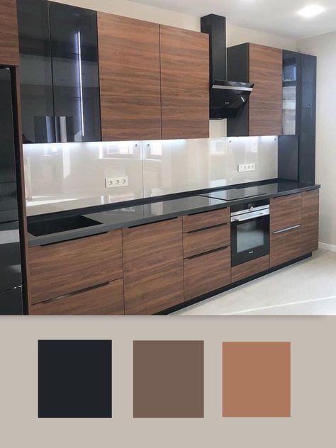 Black And Wooden Kitchen Ideas, Wooden Color Kitchen Cabinets, Wooden Kitchen Cabinet Design, Wooden Modular Kitchen, Kitchen Ideas Brown And Black, Wooden Furniture Colour Combination, Wooden And Black Kitchen, Black And Wooden Kitchen, Wooden Kitchen Cabinets Modern