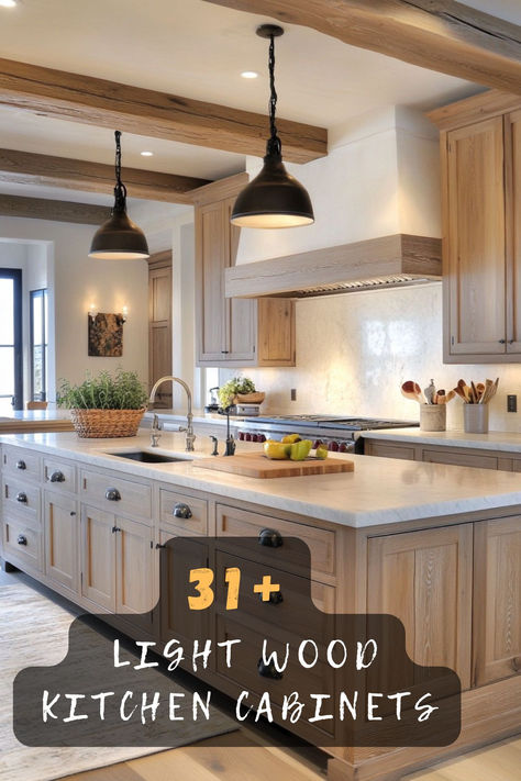 Transform your kitchen with these 32 light wood cabinet ideas! 🍃 Perfect for creating a warm and inviting atmosphere, these designs bring natural beauty to your home. Discover how to incorporate light wood into your kitchen for a fresh and modern look. 🌿 Click to explore these stunning cabinet inspirations. #LightWoodKitchens #KitchenDesign #HomeDecor #NaturalBeauty #BrightSpaces #CabinetInspo #ModernKitchen Kitchen Cabinets With Beams, Light Brown And White Kitchen Cabinets, Natural Cabinets White Countertops, Light Wood Stain Kitchen Cabinets, Wood Soffit Kitchen, Different Upper And Lower Cabinets, Natural Stained Cabinets, White Wood Cabinets Kitchen, Wood Cabinet Colors Kitchen