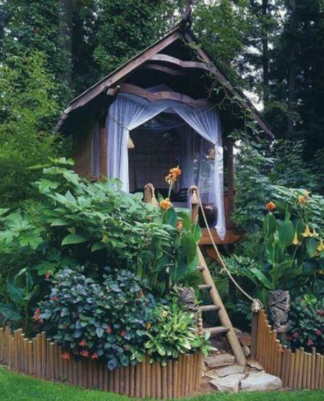 30 Hidden Kids Space For Indoors And Outdoors | HomeMydesign Meditation Nook, Miniature Garden Design, Outdoor Meditation, Play Area Backyard, Fairy Garden Designs, Backyard Gazebo, Outdoor Gazebos, Backyard Playground, Backyard Play