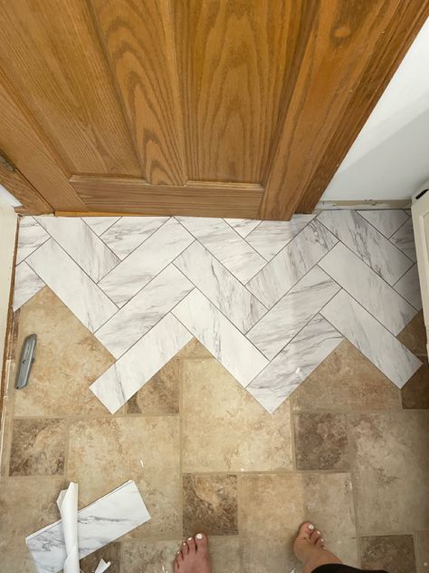 Marble look peel and stick tile Peel And Stick Floor Over Ceramic Tile, Bathroom Tile Peel And Stick, Entryway Peel And Stick Tile, Tile Floor Upgrade Diy, Bathrooms With Peel And Stick Tile, Vinyl Peel And Stick Tiles, Pile And Stick Tile Bathroom, Marble Peel And Stick Tile Bathroom, Herringbone Stick On Tile