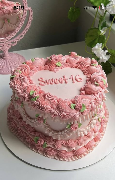 Vintage Pink Cake Aesthetic, Cute Cakes Aesthetic Pink, Cute 16 Birthday Cakes, Sweet 16 Vintage Cake, Pink 15 Birthday Cake, Light Pink Sweet 16 Cake, Pink 16 Birthday Cake, Coquette Cake Aesthetic, Sweet 16 Aesthetic Cake