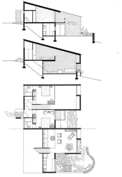 Slope House Design Floor Plans, Slope House Plans, Harry Seidler, Houses On Slopes, Slope House Design, House On Slope, Sloping Lot House Plan, Slope House, Unique House Plans