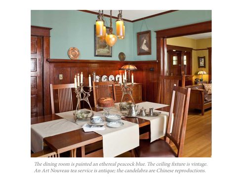 Craftsman Dining Room, Craftsman Interiors, Wood Wainscoting, Aqua Walls, Bungalow Interiors, Arts And Crafts Interiors, American Foursquare, Craftsman Interior, Craftsman Homes