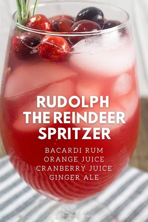 Holidays are coming up and it's time to start thinking about holiday cocktails. This Rudolph the Reindeer Spritzer is a festive drink that is sure to be a hit at your next party! The ingredients for this cocktail are Bacardi, ginger ale, orange juice, and cranberry juice. Don't forget the red noses (fresh cranberries)! Rudolph’s Night In Cocktail, Rudolf Tipsy Spritzer, Christmas Adult Punch Recipes, Christmas Mix Drinks Holiday Cocktails, Drunk Reindeer Cocktail, Dirty Santa Drink Recipe, Rudolph Punch Alcohol, Bad Santa Drink, Rudolph's Tipsy Punch