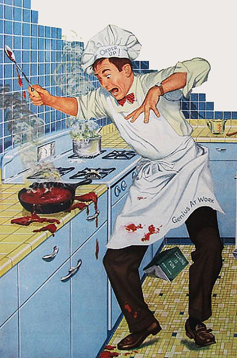 ....is in the kitchen and if he has to do it, she'd better be ready to clean up after him Man In The Kitchen, Roger Wilkerson, Norman Rockwell Art, Vintage Housewife, Man Cooking, Retro Housewife, Arte Sketchbook, Norman Rockwell, Vintage Life