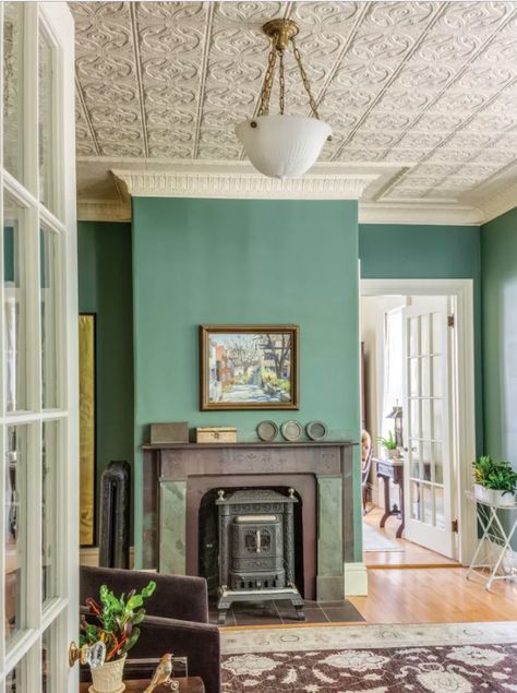 Amos O. Reed House, Brunswick — Maine Preservation Vintage Fireplace, Wallpaper Ceiling, Tin Ceiling Tiles, Ceiling Treatments, Rustic Bathrooms, Ceiling Ideas, Tin Ceiling, Up House, Vintage Living Room