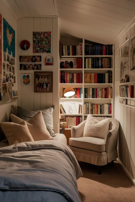 Bedroom Aesthetic Ideas Small Spaces, Small Bedroom Ideas Bookshelves, Cozy Bedroom With Books, Closet Bedroom Ideas Small Spaces, Small Cozy Room Decor Bedroom, Tiny Room Ideas Bedrooms, Small Cozy Bedroom, Clever Organization, Cozy Small Bedrooms