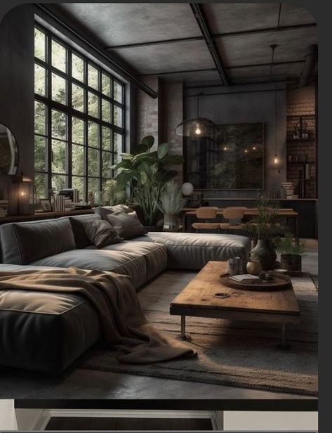 Masculine Aesthetic Interior Design, Charcoal Home Decor, Vintage Loft Decor, Dark French Interior, Moody Cozy Interior, Moody Modern House Exterior, Dark Forest Aesthetic Living Room, Black And Copper Home Decor, Rustic Industrial Home Decor