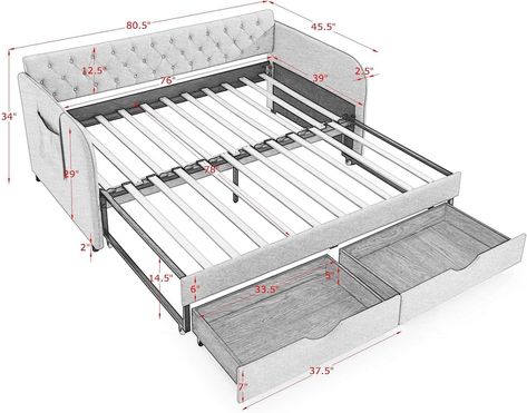 Amazon.com: Upholstered Twin to King Daybed, Twin Day Bed with Trundle, Wood Extendable Bed Frame with Pull Out Storage Drawers and Pockets, King Size Sleeper Sofa Bed for Living Room, Bedroom, Guest Room, Beige : Home & Kitchen Diy Extendable Daybed, Daybed With Trundle Diy, Diy Daybed With Trundle, Twin To King Daybed, Trundle Beds Diy, King Daybed, Twin Day Bed, Extendable Bed, Day Bed With Trundle