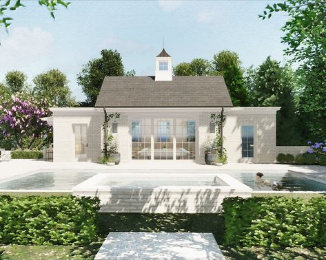 Heading into a beautiful holiday weekend and dreaming about this future pool and pool house in Greenville, SC. A true classic - this space is perfect for summertime bbqs and fun in the sun. Happy Fourth of July! Landscape design: @carolinebarricklandscapedesign  Interior design: @fordinteriordesign #architecture #poolhouse #render #architecturaldesign #pool #poolside #greenvillesc #upstatesc #cupola Attached Pool House, White Pool House, Open Air Pool House, Pool House Game Room, Flat Roof Pool House, White Brick Pool House, Pool House Designs Layout, Two Story Pool House, Gable Roof Pool House