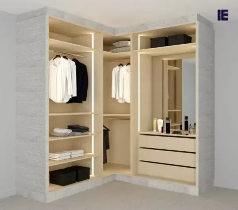 L Shaped Cupboard Designs Bedroom, Fitted Corner Wardrobe Ideas, U Shaped Dressing Room, L Shape Wardrobe Design With Dressing, Dresser With Wardrobe Design, Bedroom Built In Wardrobe Corner, Book Wardrobe Design, Corner Dressing Table With Wardrobe, Small L Shaped Wardrobe