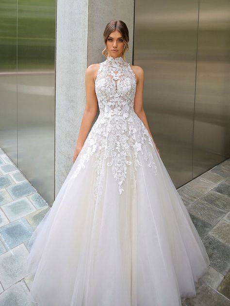 High Neck Wedding Dresses High Neckline Wedding Dress, Illusion Bridal Gown, Mexican Wedding Ideas, Botton Down Dress, Summer Wedding Guest Dress, High Neck Wedding Dress, Neck Wedding Dress, Dresses By Color, Weddings By Color