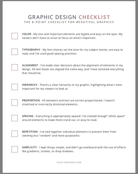 Graphic design checklist Graphic Design Terminology, Graphic Designer Must Haves, Brand Design Checklist, Logo Design Checklist, Graphic Design Practice Ideas, Graphic Design Challenges, Graphic Design Prompts 30 Day, Graphic Design Assignments, Graphic Design Guide