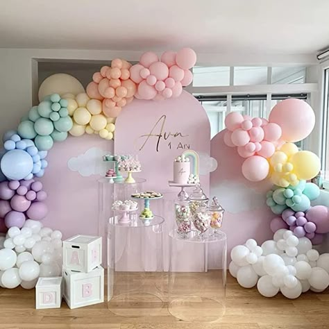 Pastel Arch Backdrop, Pastel Birthday Backdrop, Pastel Rainbow Balloon Garland, Pastel Color Baby Shower Ideas, 1st Birthday Pastel Theme, Pastel Balloons Decoration, Pastel Themed Birthday Party Decorations, Pastel Baby Shower Decorations, Pastel Rainbow Baby Shower Ideas