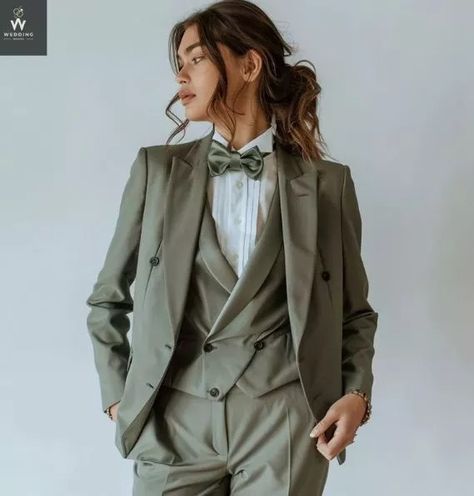 Sage Green Suit Wedding Women, Pant Suit Prom Women, Masculine Professional Outfits For Women, Sage Suit Women, Unisex Prom Outfits, Wedding Suits Bride, Female In A Suit, Prom Suits Women Elegant, Unique Suits Women