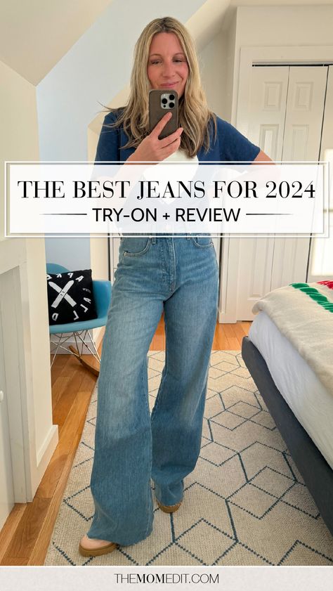 Found: the best jeans for 2024. Think: comfortable classics, perfectly executed and not-boring. | #TheMomEditStyle #FashionBlog #DenimTryOn #Jeans #BestJeans #BesJeansFor2024 #DenimReview #FullLengthJeans #WideLegJeans #VeronicaBeard #Rag&Bone #Wit&Wisdom #MOTHERDenim Womens Boots And Jeans, Mother Wide Leg Jeans, Best Flare Jeans For Women, Tall Wide Leg Jeans, Madewell Stovepipe Jeans, Slim Wide Leg Jeans, 2024 Fashion Trends Jeans, Levis Ribcage Bell Jeans Outfit, What Jeans Are In Style For 2024