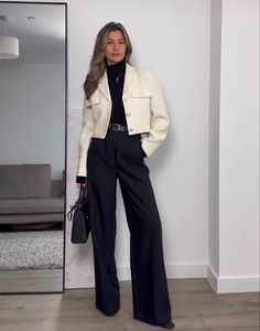 Cropped Blazer Wide Leg Pants, Cropped Cream Jacket Outfit, Cream Cropped Blazer Outfit, Cream Leather Trousers Outfit, Crop Blazer Outfits For Women, White Cropped Blazer Outfit, Cropped Blazer Outfits, Cream Blazer Outfits For Women, Cream Jacket Outfit