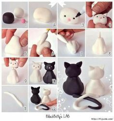 Cat wedding topper fondant tutorial It might be fondant but I'm sure you can make it with polymer clay too =D Cat Fondant, Fondant Animals, Fondant Tutorial, Tanah Liat, Fondant Decorations, Cat Cake, Polymer Clay Animals, Fondant Figures, Polymer Clay Tutorials