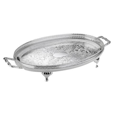 Found it at Wayfair - Queen Anne Oval Gallery Tray with Handles/Legs Silver Serving Trays, Accent Tray, Silver Plated Trays, Gold Tray, Serving Tray Set, Tray With Handles, Ottoman Coffee, Coffee Table Tray, Silver Trays