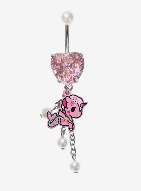 This silver-tone  tokidoki navel barbell features a Mermicorno charm and dangling faux pearls. Comes with pink  heart-shaped gem detailing.Jewelry care: Wash with antibacterial soap and warm water. Piercing care: Wash hands thoroughly  then clean piercing with H2Ocean (sold separately) or saline solution. 316L surgical steel - may contain some nickel14.67mm x 13.5mm charm4mm - 9.5mm gemsUse in healed piercings only. Remove immediately if irritation occurs. Do not use harsh or alcohol-based chemicals to clean jewelry. This may cause tarnishing.Intended as a decorative piece and should not be worn to sleep.Imported Bottom Belly Button Piercing Only, Bad Bunny Jewelry, Cute Industrial Piercing Jewelry, Gyaru Jewelry, Pink Piercings, Heart Belly Button Piercing, Piercing Bridge, Body Candy Jewelry, Naval Piercing