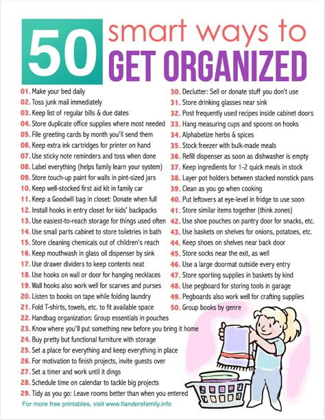 50 Ways to Get Organized - Flanders Family Home Life Life Organization Hacks, How To Be Organized At Home, House Organization Ideas Organized Home, How To Organize Bedroom, How To Get Organized, How To Be Organized, Lists To Make To Organize Your Life, How To Organize Your Room, Married Life Organization