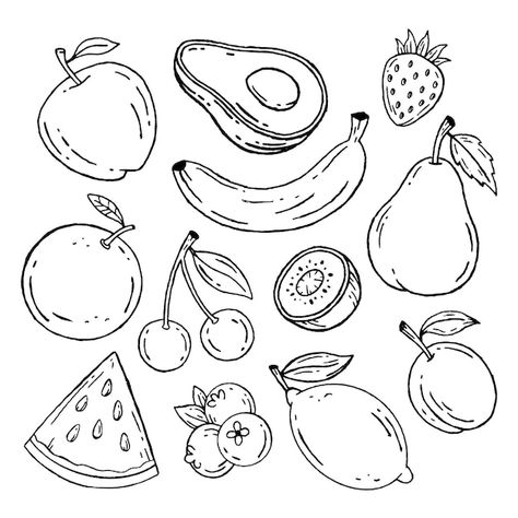 Fruit Doodle, Fruit Sketch, Fruit Drawing, Vegetable Drawing, Fruit Tattoo, Fruit Coloring Pages, Fruits Drawing, Fruit Illustration, Outline Drawings